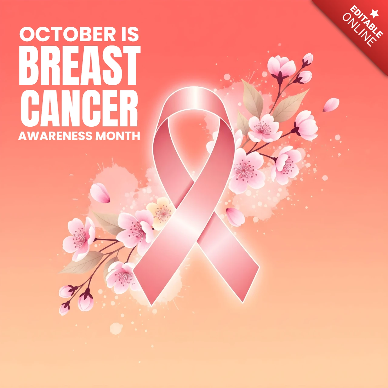 Bannière de design pour le mois d'octobre de sensibilisation au cancer du sein avec un ruban rose, des fleurs de cerisier et un dégradé corail.