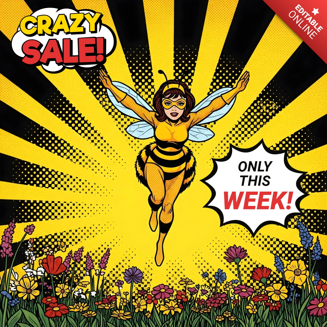 Template de design de venda louca em estilo de quadrinhos de super-heroína mulher abelha voadora para panfletos promocionais em preto e amarelo.
