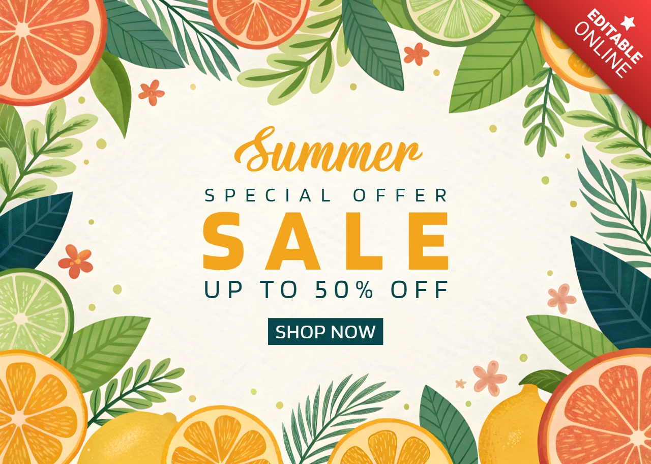 Summer Sale Promotional Template Design with Tropical Fruits and Floral Elements