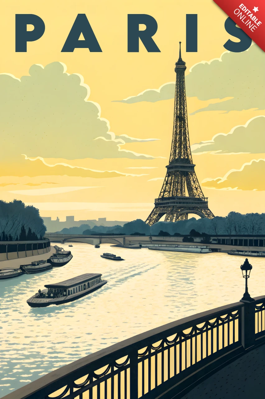 Paris Retro Flat Poster Design Featuring Eiffel Tower and Seine River