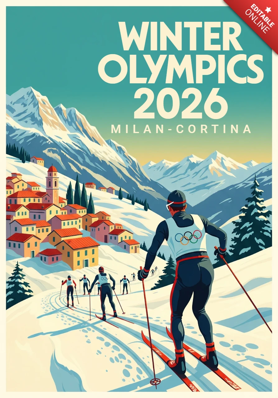 2026年冬季オリンピックのポスター、クロスカントリースキーヤー、アルプスの村、ミラノ・コルティナ大会の雪に覆われた山々
