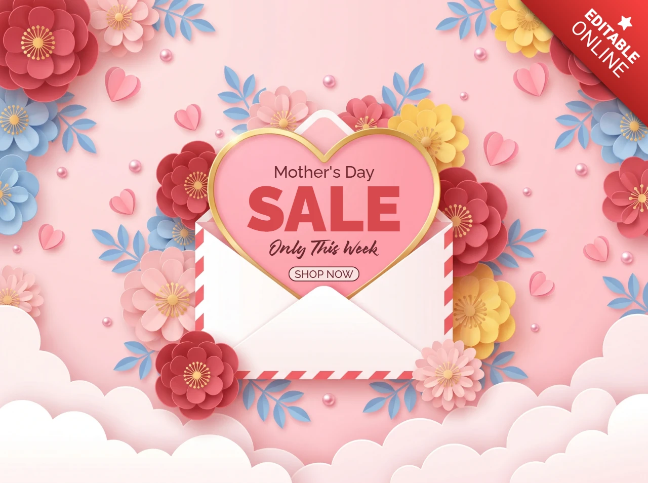 Affiche de vente pour la fête des mères — enveloppe avec cœur et décorations florales pour l'événement de remise hebdomadaire