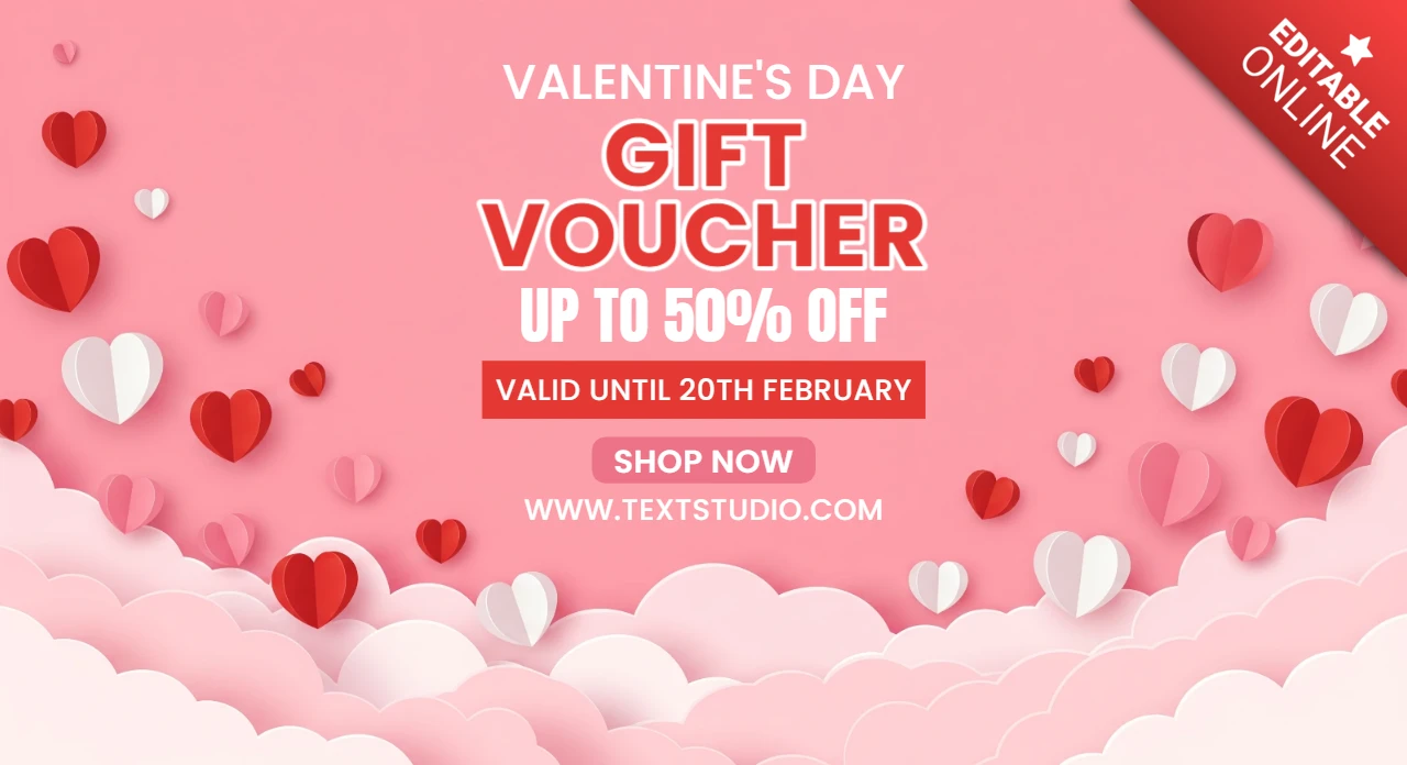 Valentine’s Day Gift Voucher Design Template with Heart Cutouts and Festive Pink Background for Romantic Promotions