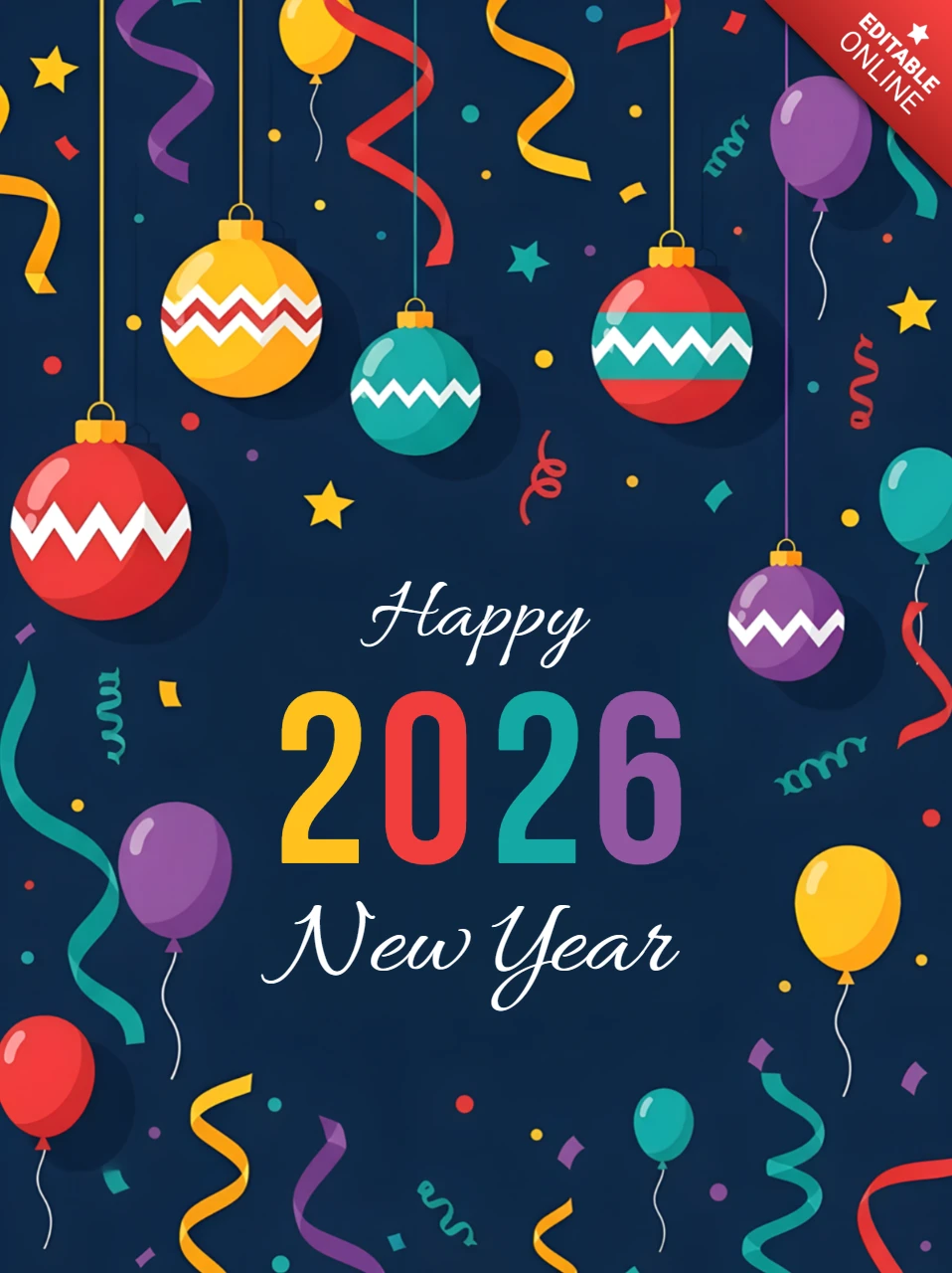 Template di design per celebrazioni festive di Capodanno con ornamenti colorati e palloncini per inviti a feste.