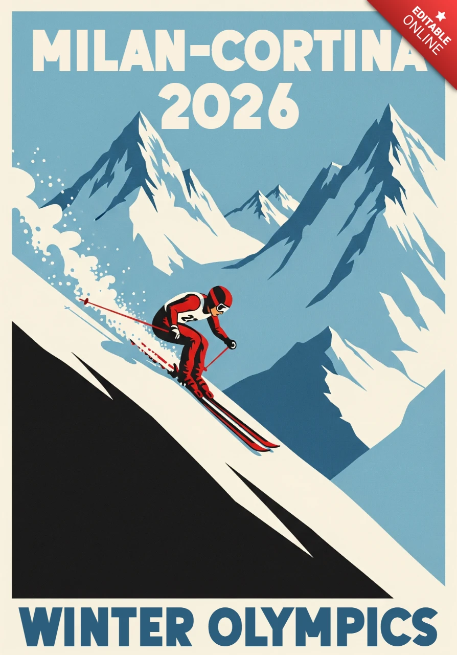 Kış olimpiyatları sporları kayak ve snowboard, Milano-Cortina 2026'yı kutlayan büyük bir bina ile.