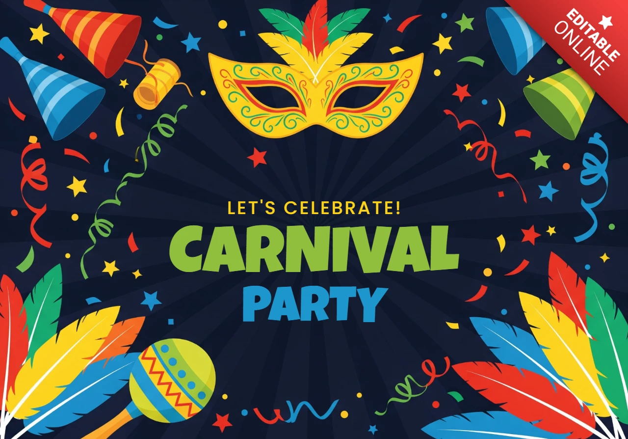 Brazilian Carnival Poster Decorative Mask with Feathers and Party Elements on Blue Background