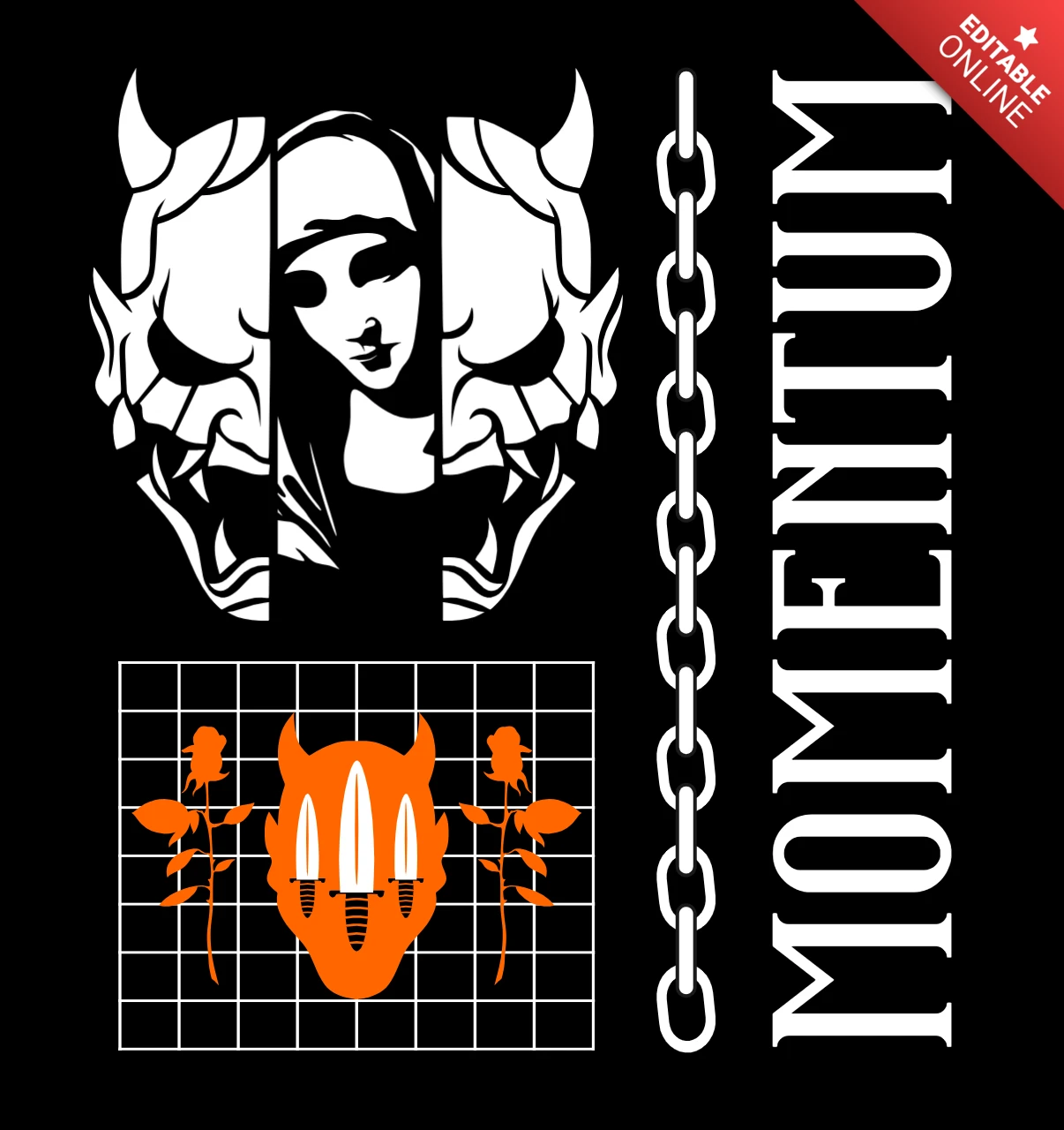 Шаблон графического дизайна Momentum для одежды с яркой цепочкой и художественным портретом
