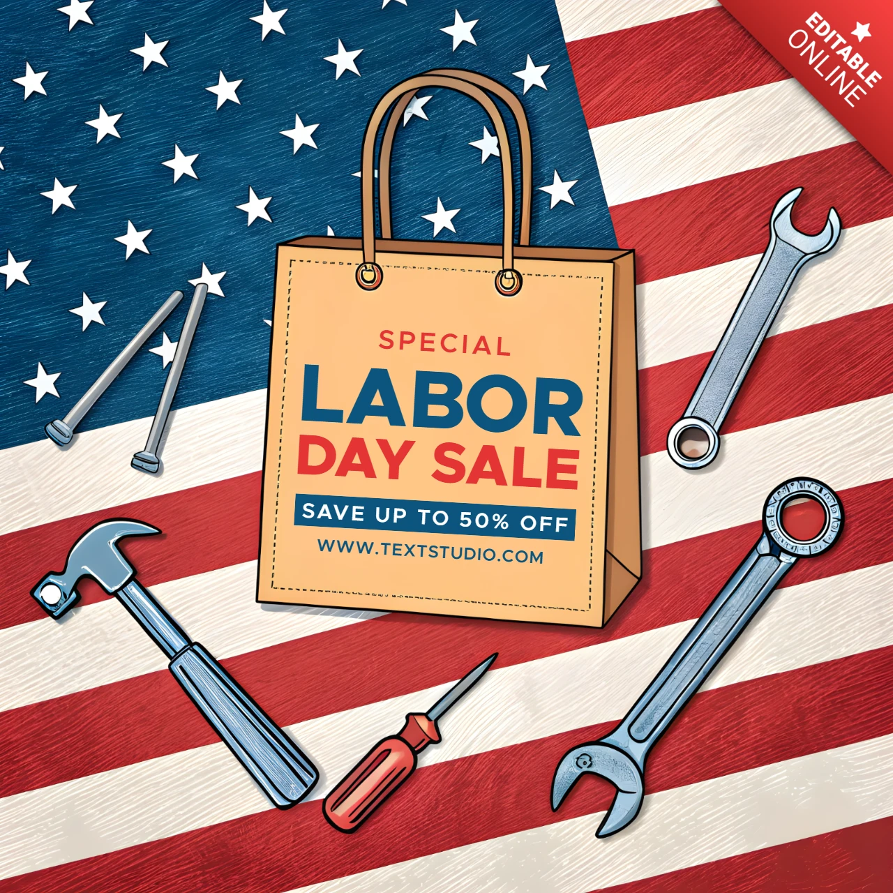 Labor Day Sale Design Template with Vintage American Style and Tools