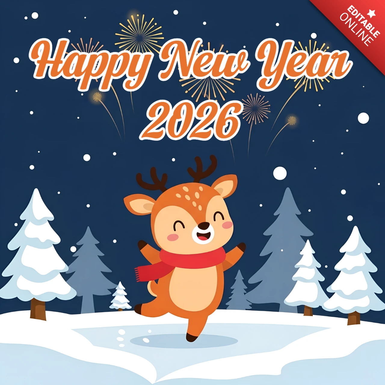 Cute and Festive Deer Design Template for Happy New Year Greeting Card