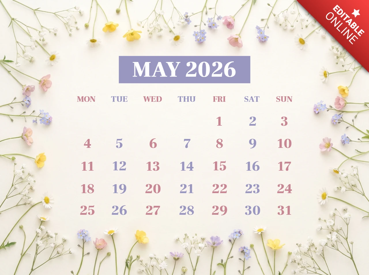 May 2026 Calendar Poster - Artistic Botanical Layout with Pressed Flowers and Functional Design