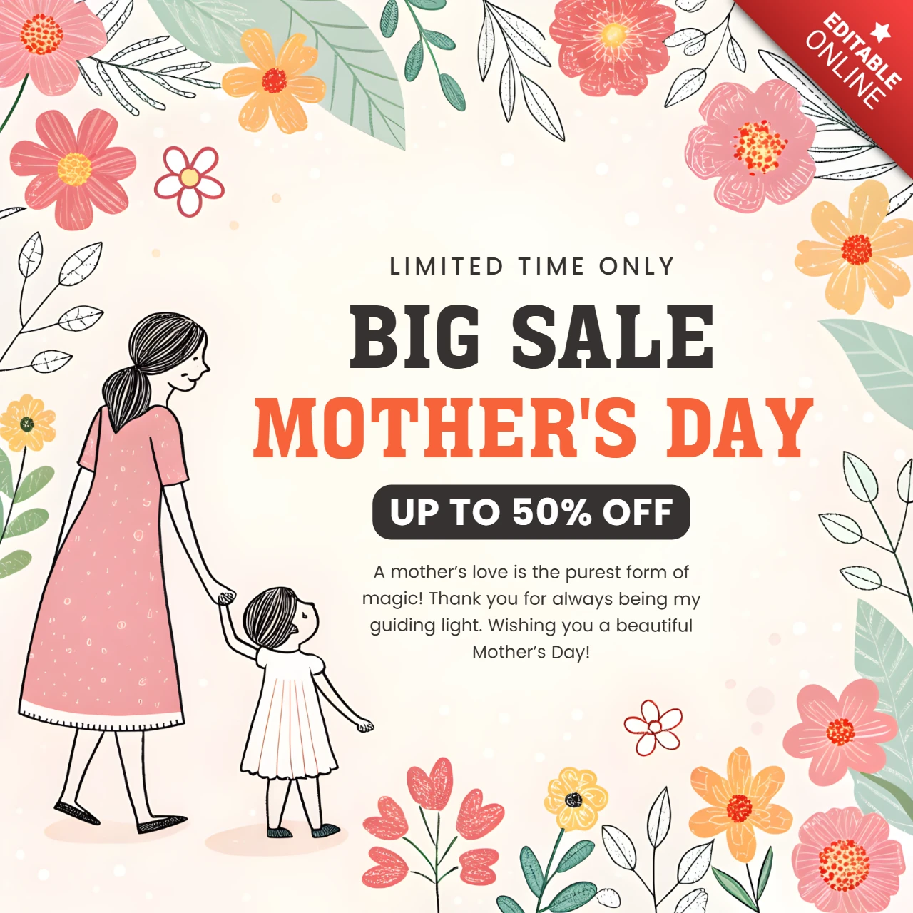 Modello di vendita floreale per la festa della mamma - promozione modificabile per offerte a tempo limitato