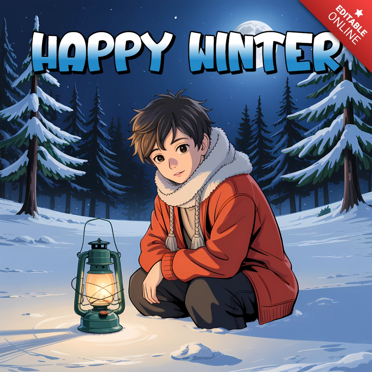 Winter Lantern Design Template for Greeting Cards Featuring Anime Style