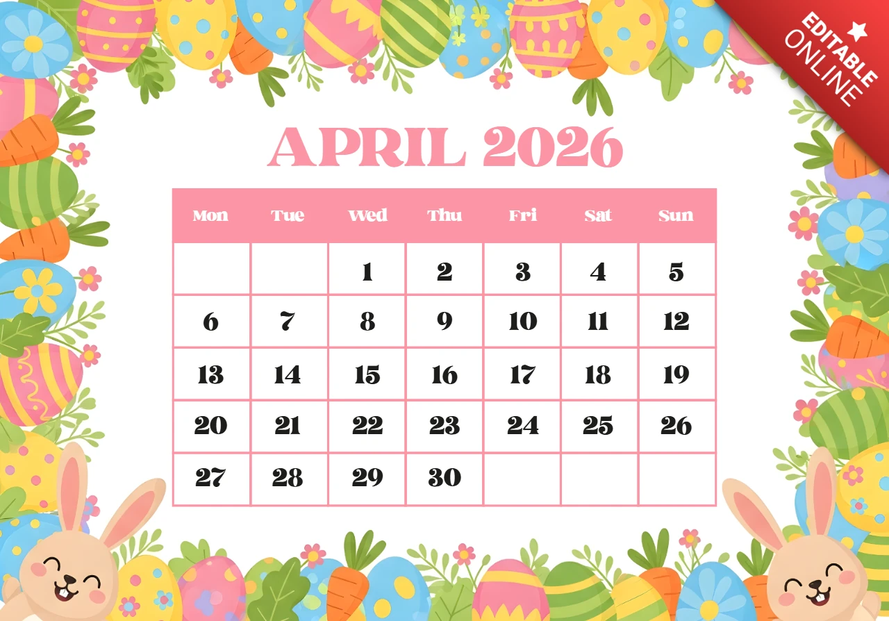 Pôster de calendário de abril de 2026 com borda pastel com coelhos, ovos, cenouras, flores e arte decorativa alegre.