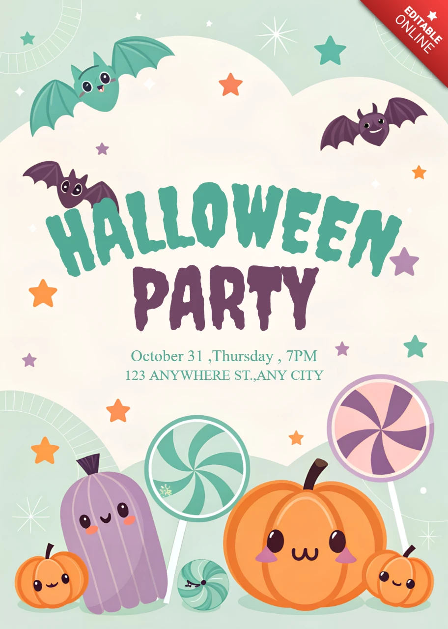 Whimsical Halloween Party Invitation Template with Cute Pumpkins and Bats Design