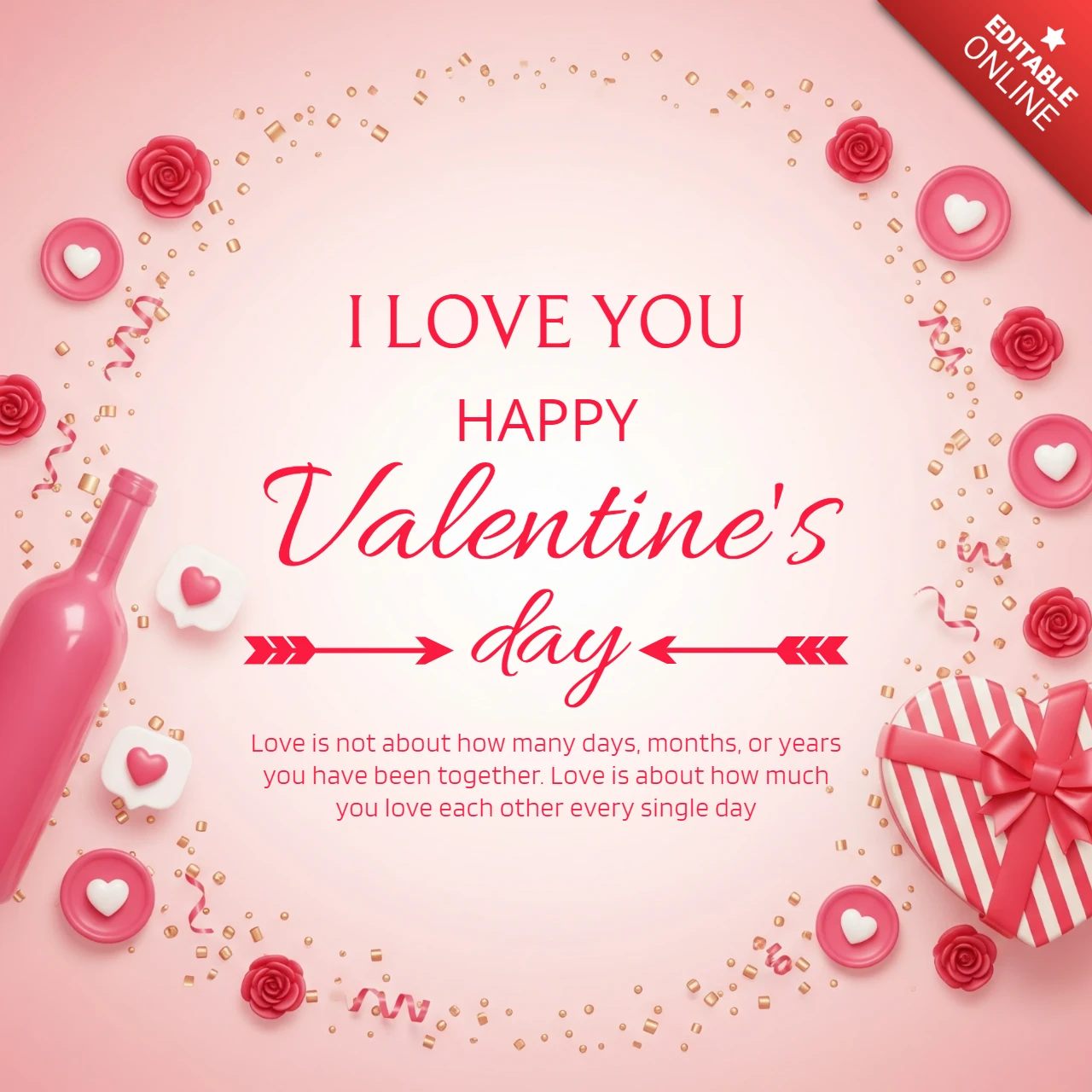 Carte de vœux de Saint-Valentin avec un design de rose romantique, une citation d'amour quotidienne et des accents de cadeau.