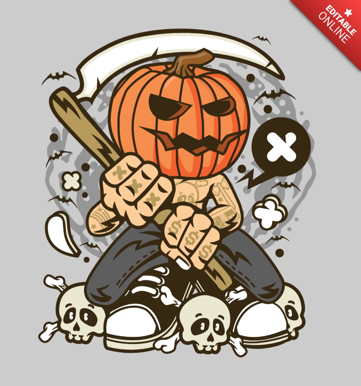 Pumpkin Reaper Halloween Cartoon Character T-shirt Design Template