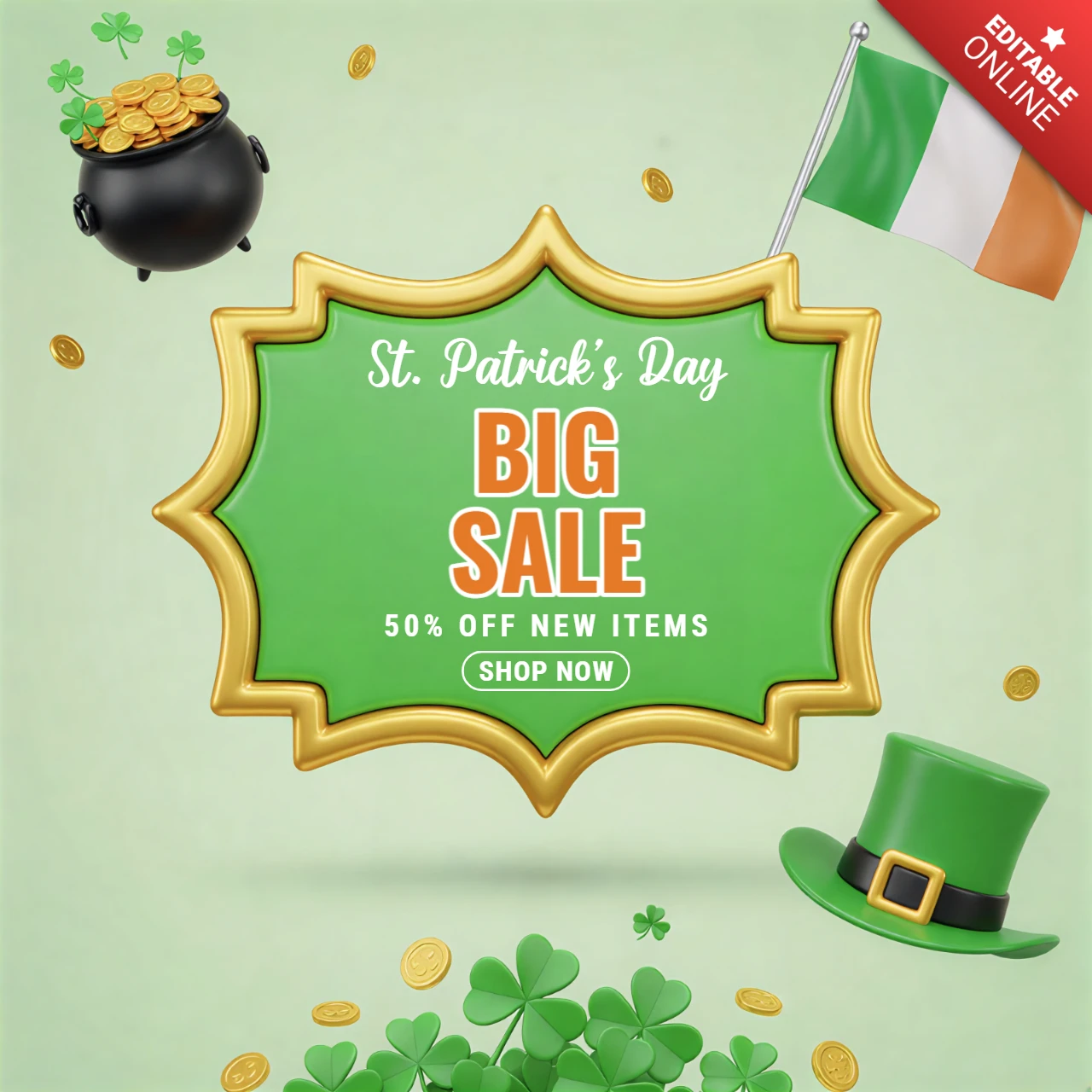 Plakatdesignvorlage für die St. Patrick's Day Feier mit Kleeblättern, Leprechaun-Hut und großem Verkaufsangebot.