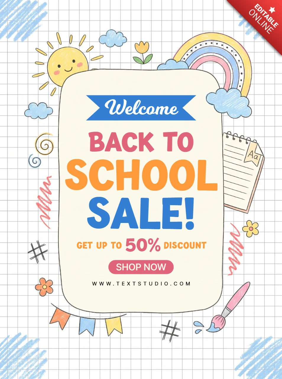 Back to school sale poster design with colorful hand drawn doodles on a grid paper background for education promotion