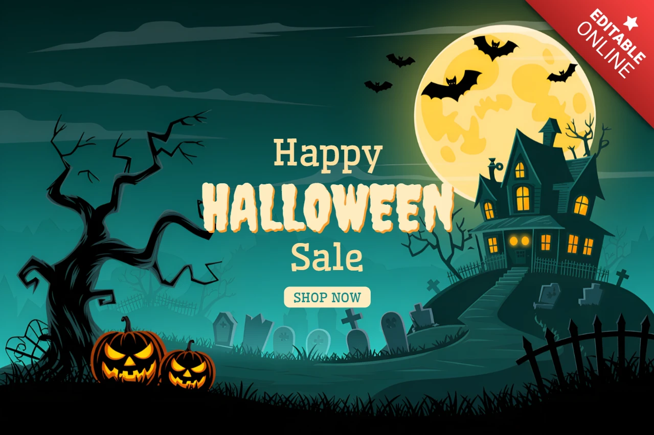 ハロウィンの不気味なセールデザインテンプレート、フライヤー用の幽霊屋敷とカボチャ付き