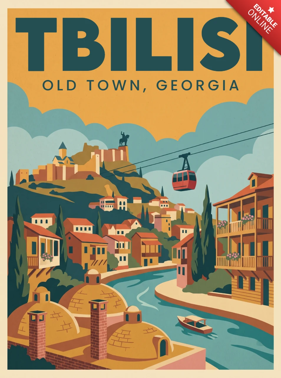 Tbilisi Retro Vintage Travel Poster Old Town Georgia Scenic Hillside Red Roofs River Cable Car Sulfur Baths Wall Art Print