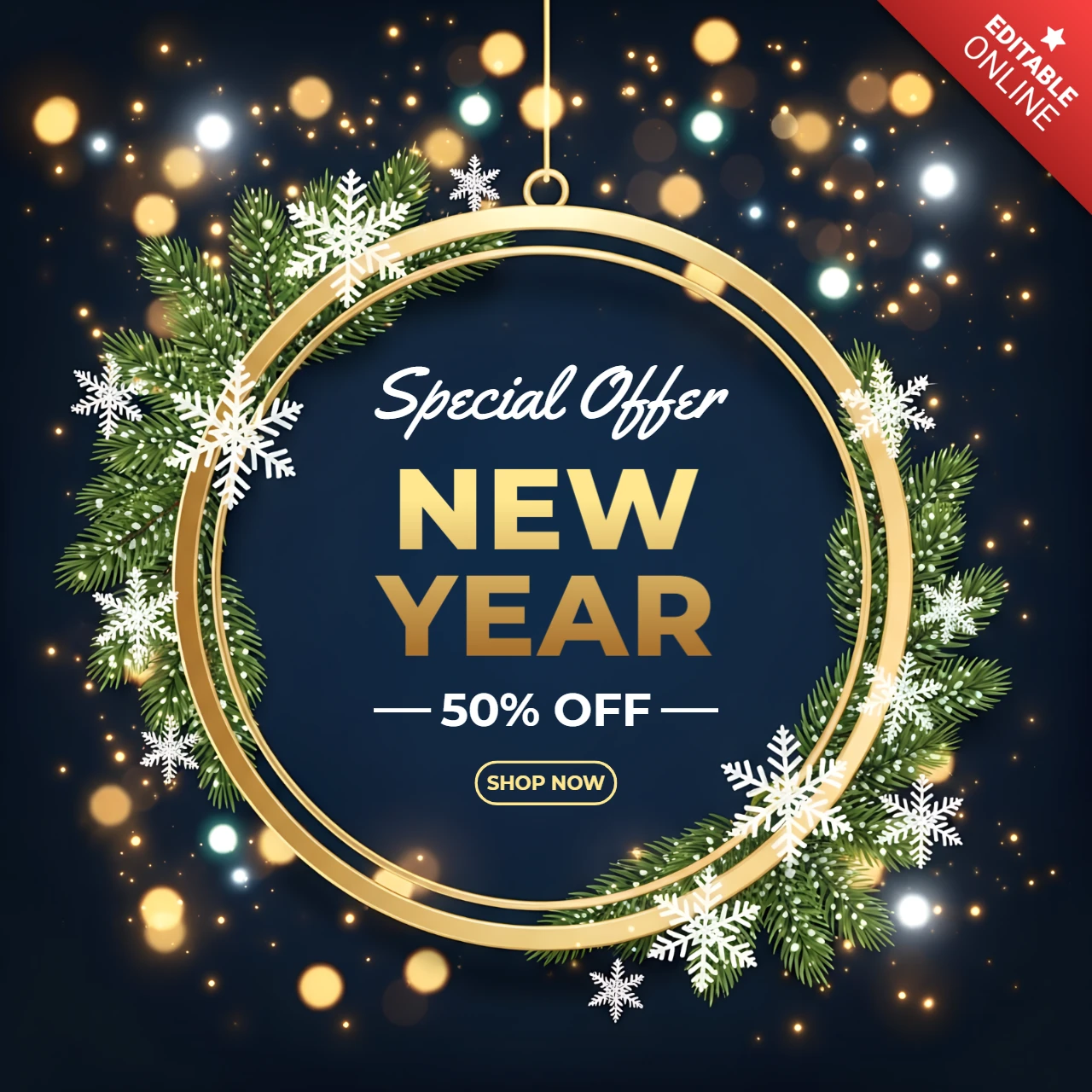 Neujahrsfeier-Vorlage mit elegantem Golddesign und festlichen Schneeflocken für Werbeflyer