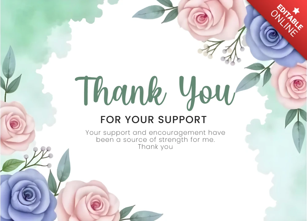 Pastel Floral Frame with Roses and Leaves Thank You Card Template
