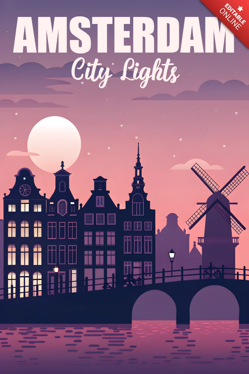 Amsterdam la nuit design pour modèle de marchandise de voyage rétro