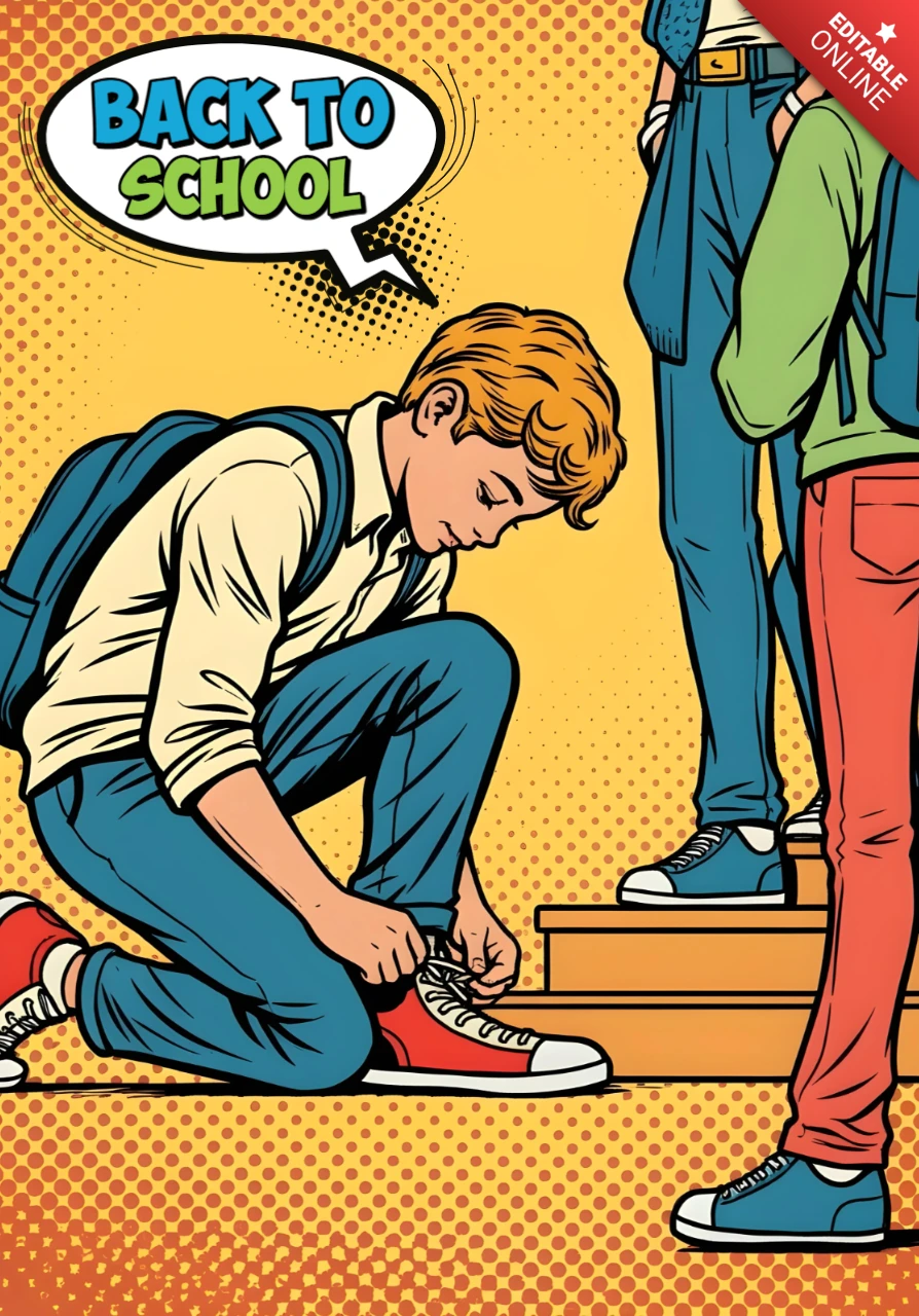 Back to School Student Tying Shoelaces with Backpack and Comic Bubble Text Poster Design Template