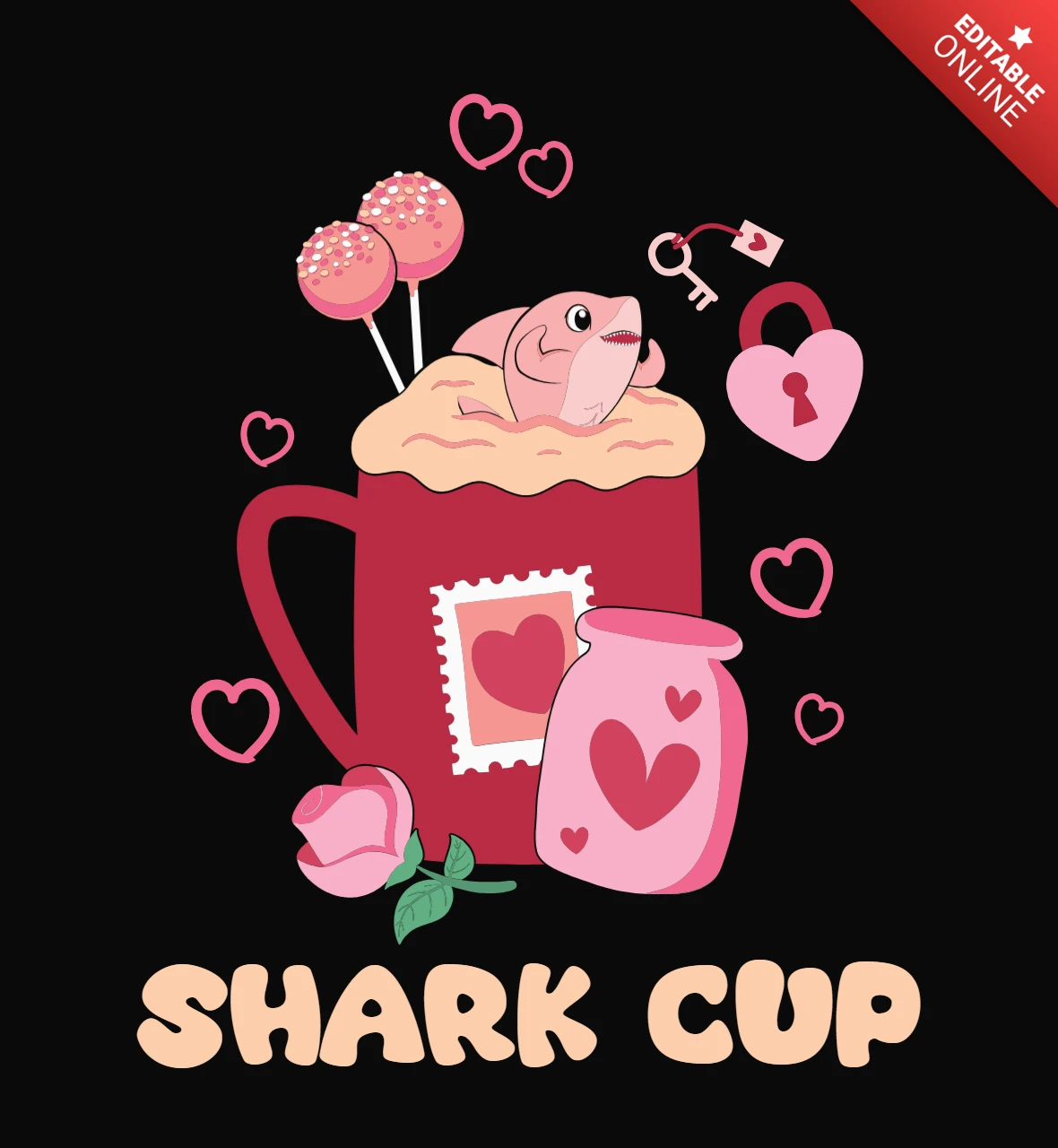 Plantilla de camiseta de San Valentín con un simpático tiburón y café