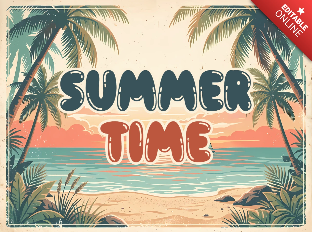 Vintage Summer Beach Greeting Card with Tropical Palm Trees and Ocean Sunset View