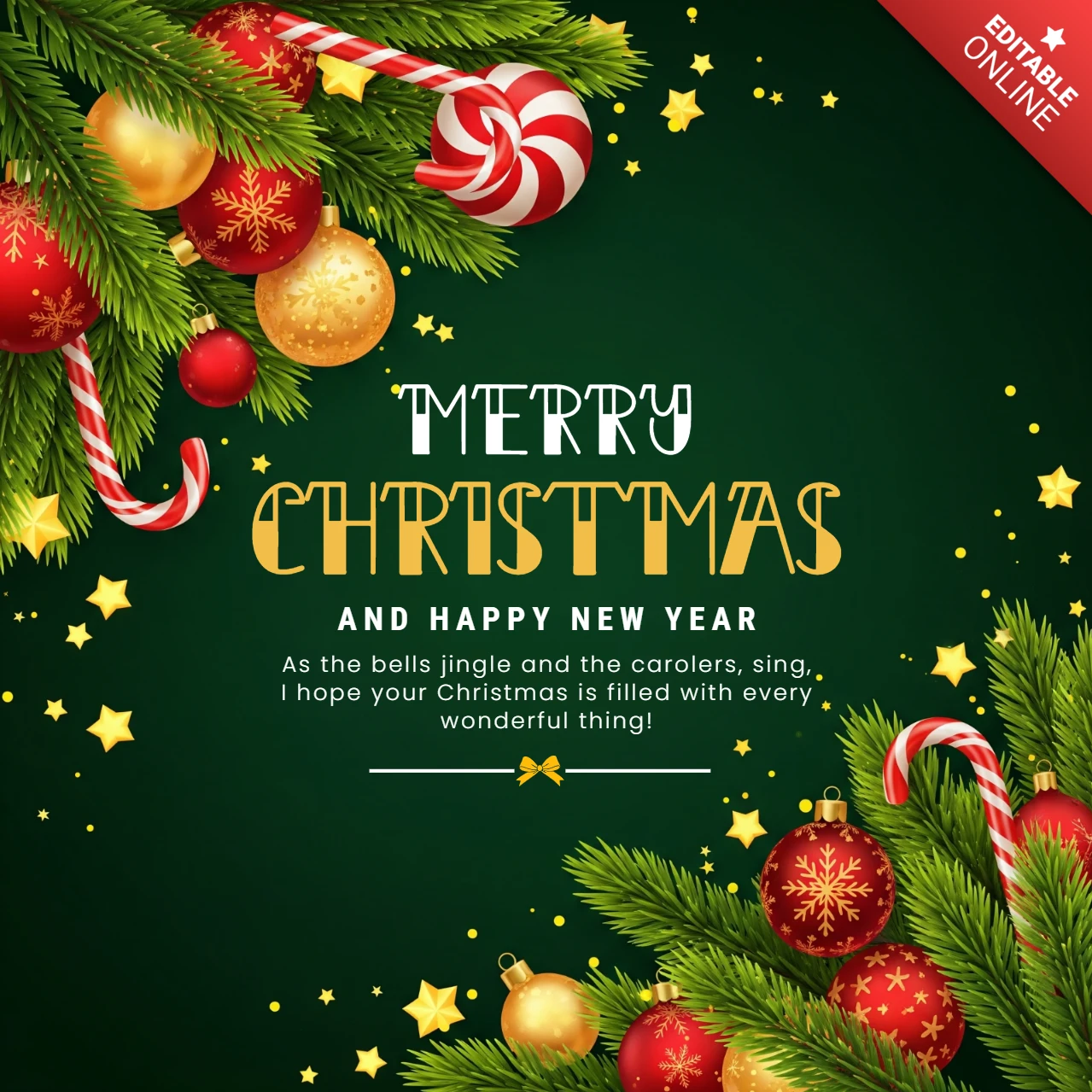 Merry Christmas & Happy New Year Card Green Holiday Design with Ornaments and Candy Canes