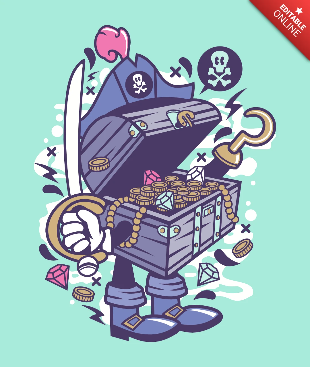 Piraat schat stripfiguur t-shirt ontwerpsjabloon