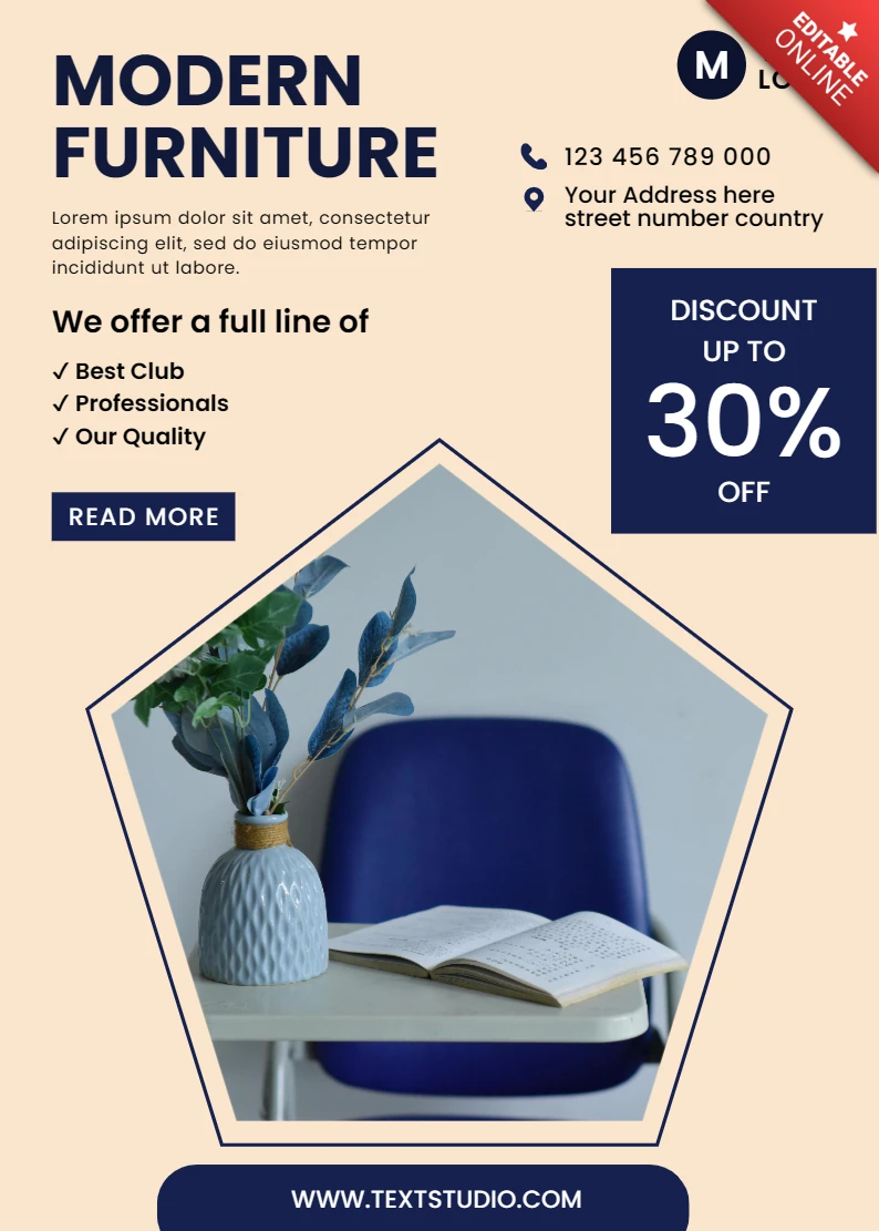 Modernes Möbeldesign-Vorlage für Werbeflyer mit stilvollem Stuhl und Rabattangebot