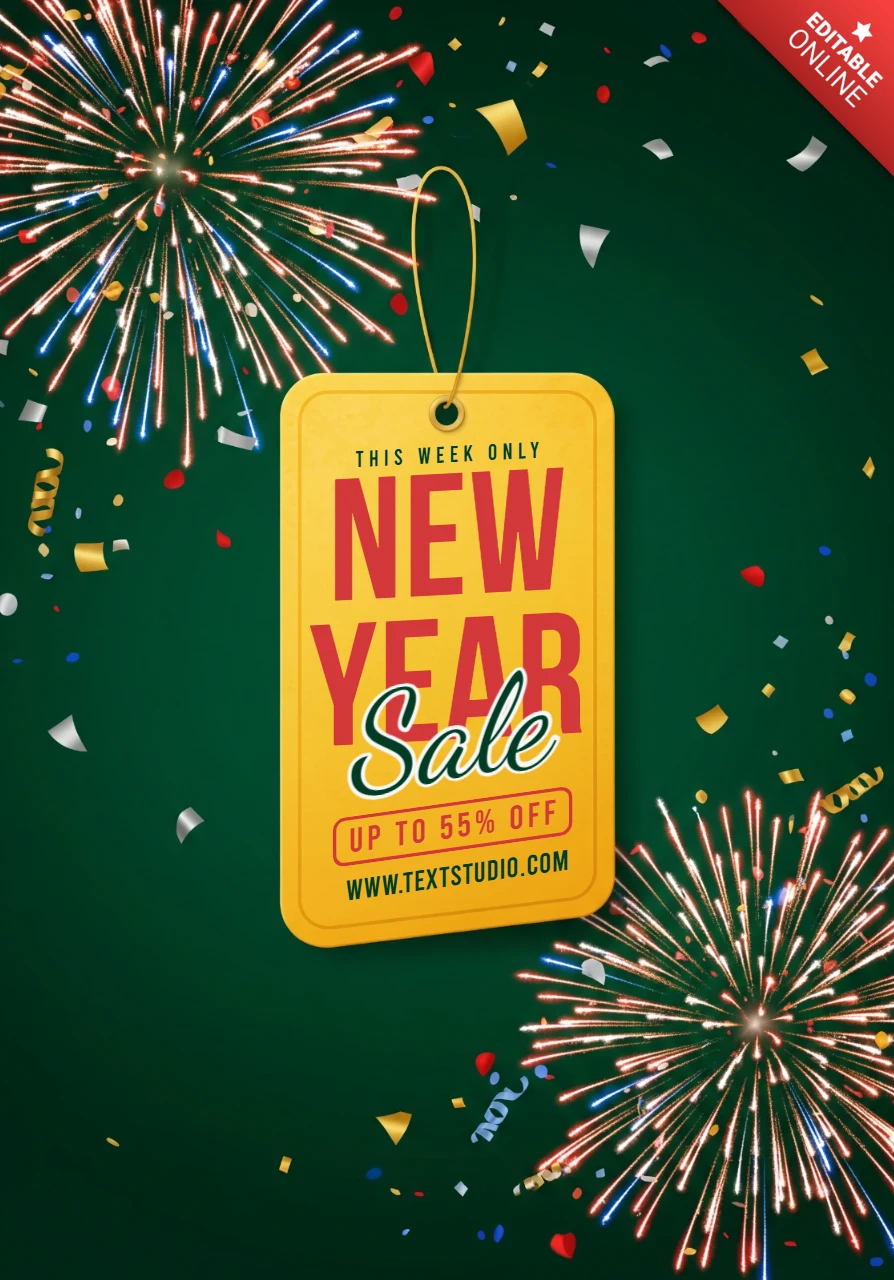 Flyer promotionnel du Nouvel An 2026 thème vert vif avec étiquette de vente et éclat festif