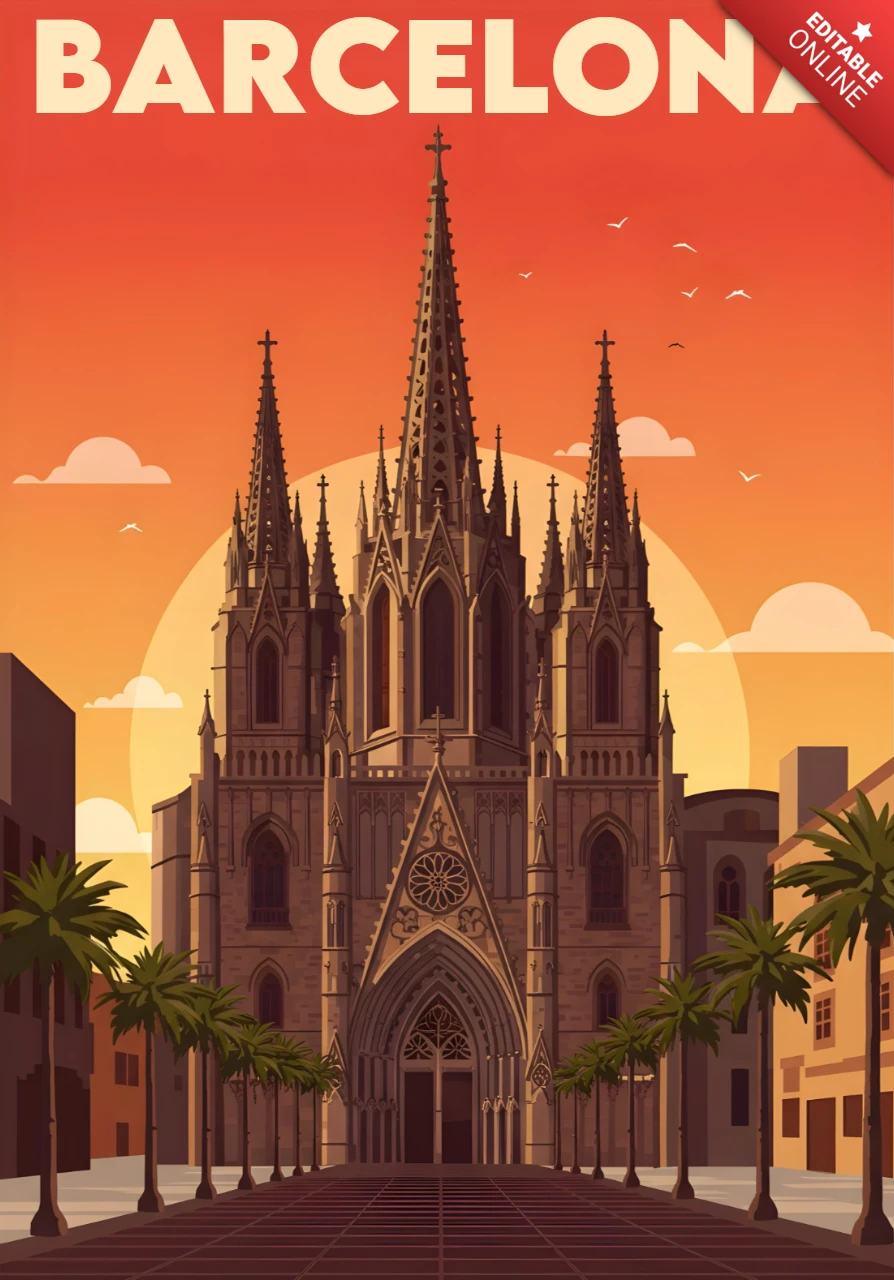 Basilica della Sagrada Famiglia con cielo al tramonto e palme, template di design per poster di viaggio a Barcellona