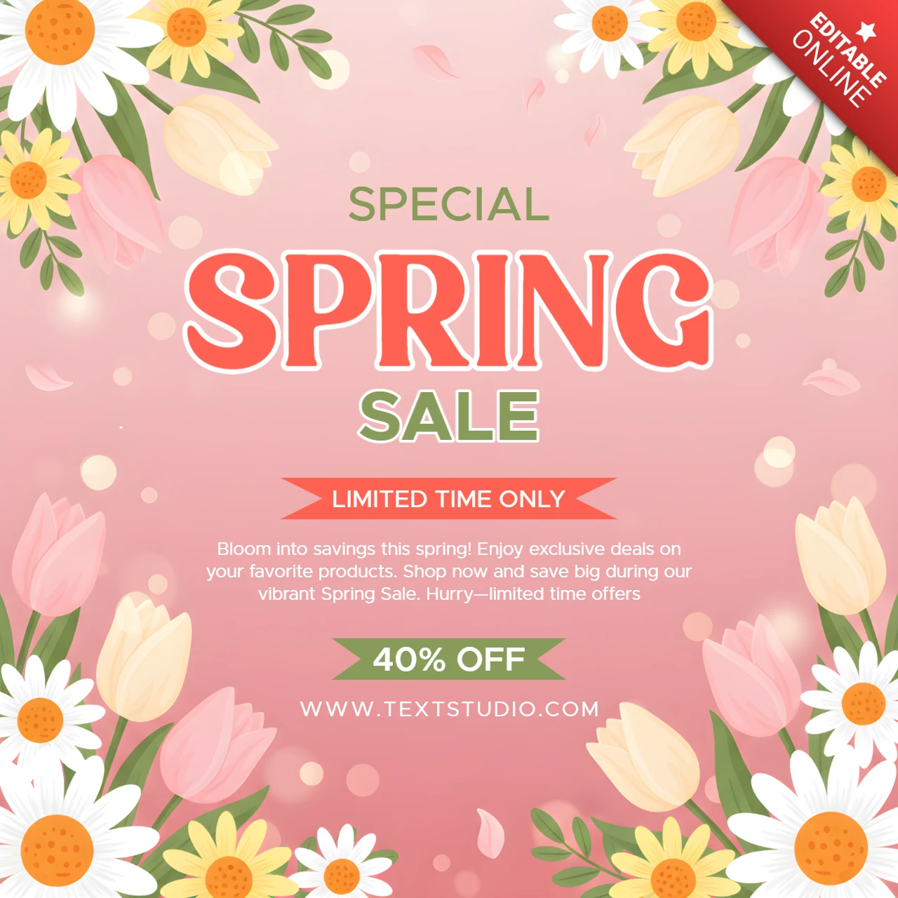 Affiche promotionnelle de vente saisonnière du printemps – design floral mettant en avant des réductions limitées dans le temps et des offres exclusives