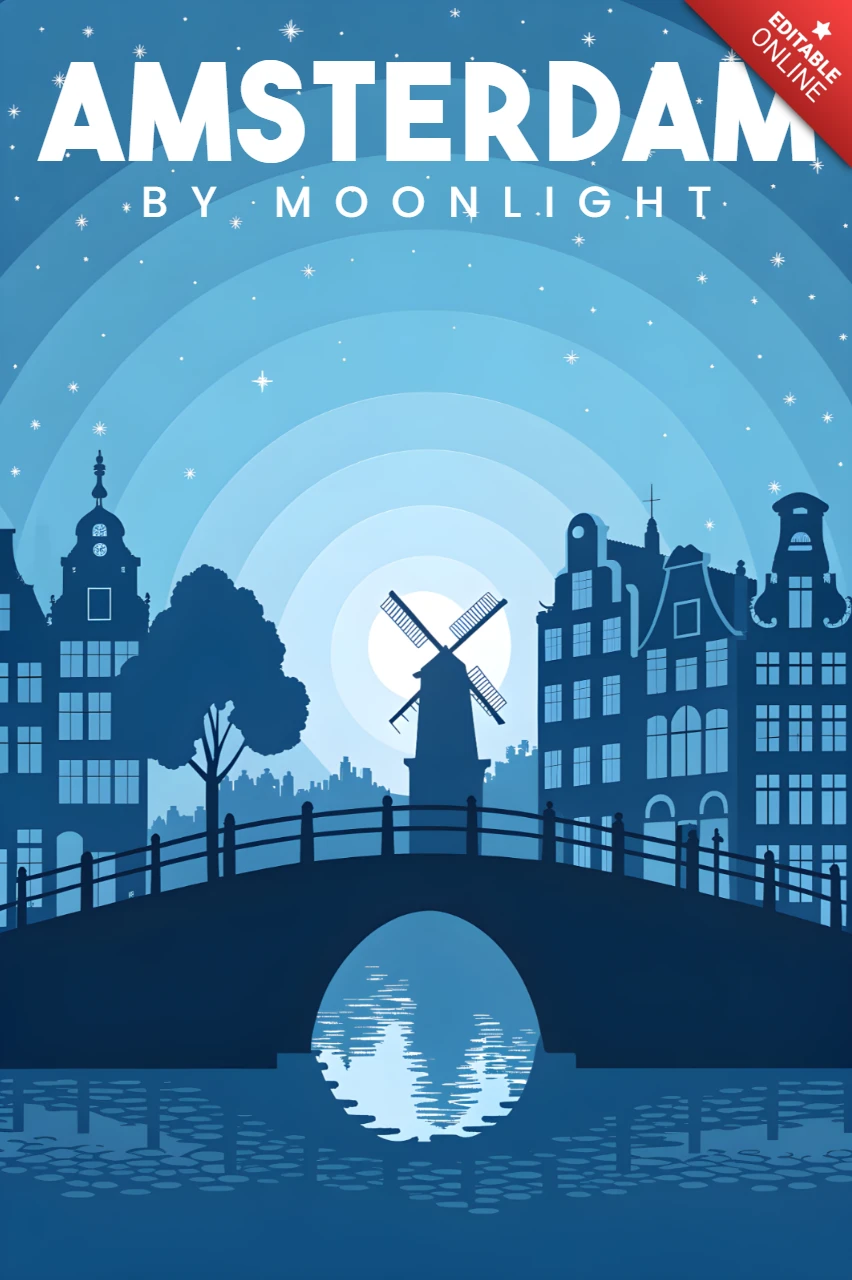 Modèle de conception de poster Amsterdam au clair de lune