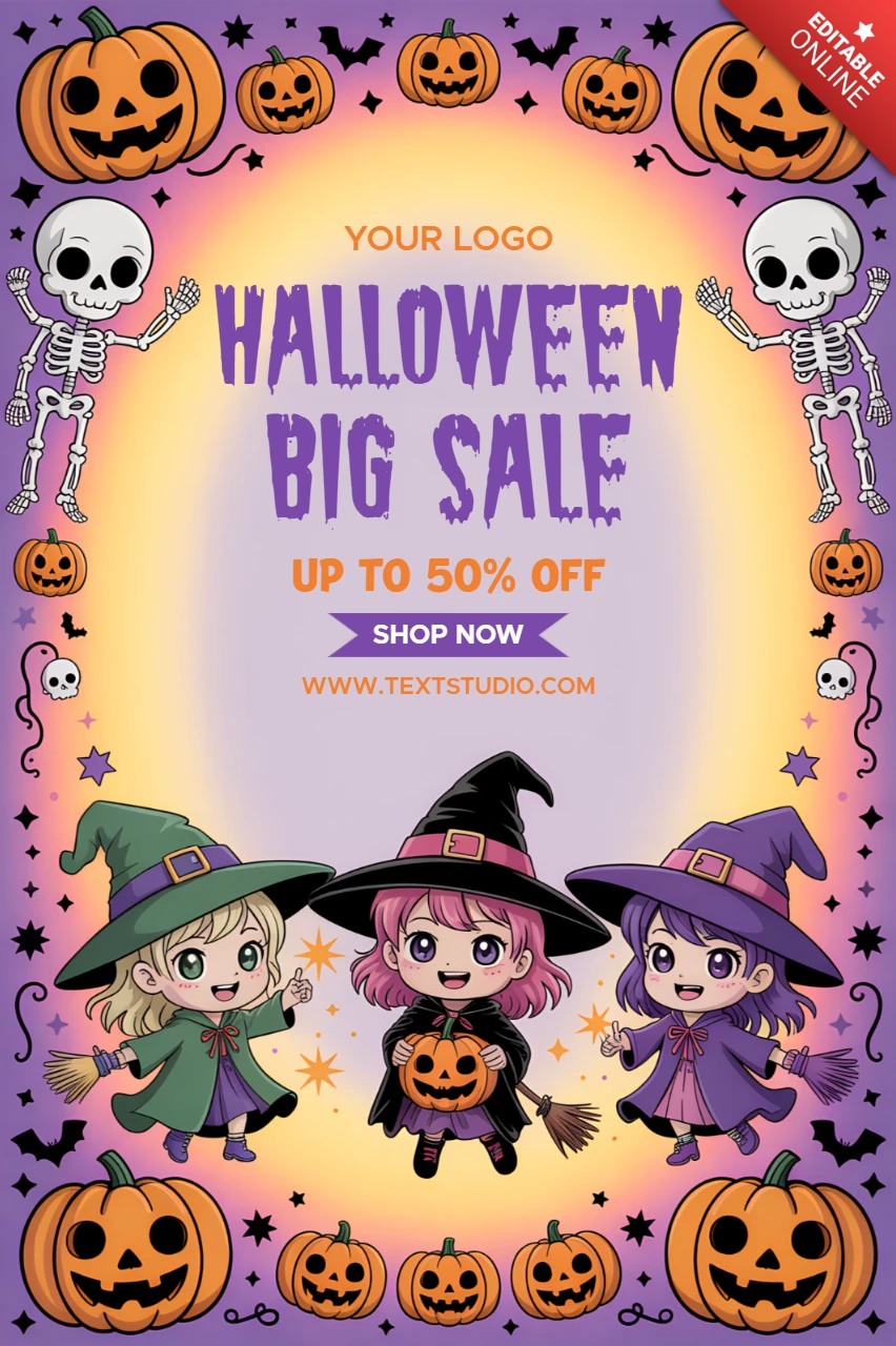 Whimsical Halloween Sale Template with Cute Witches and Pumpkins for Promotions