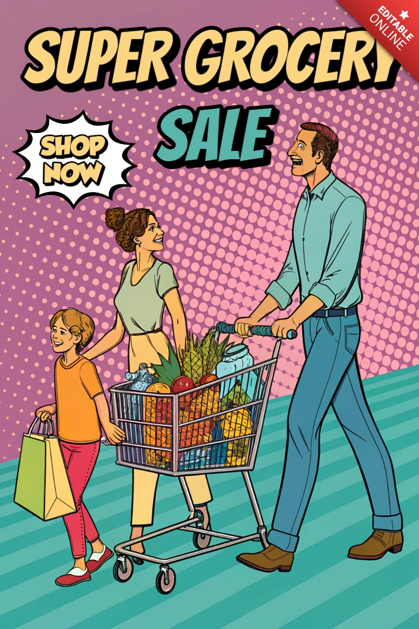 Pop-Art-Lebensmittelverkaufsflyer-Vorlage mit Familien-Einkaufsdesign