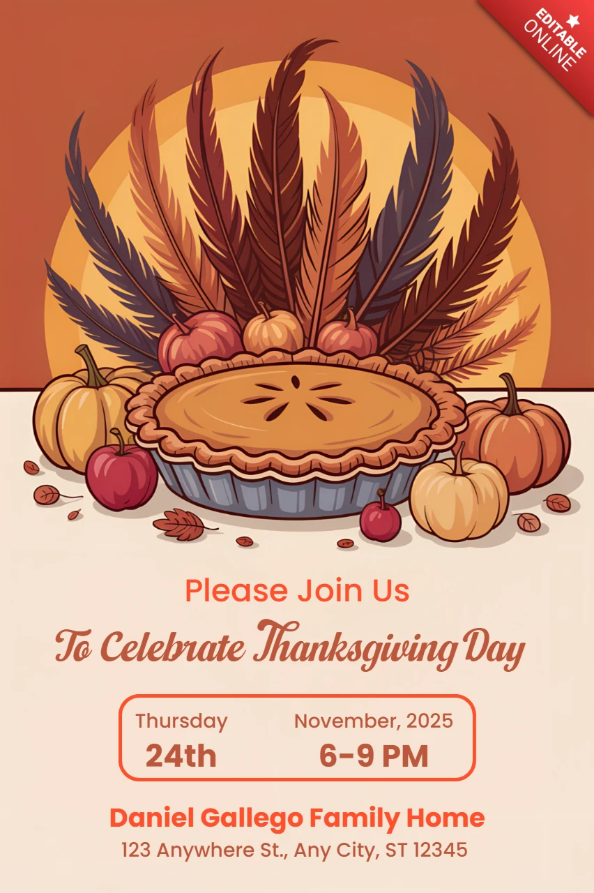 Thanksgiving Celebration Invitation Template with Pumpkin Pie and Autumn Leaves Design