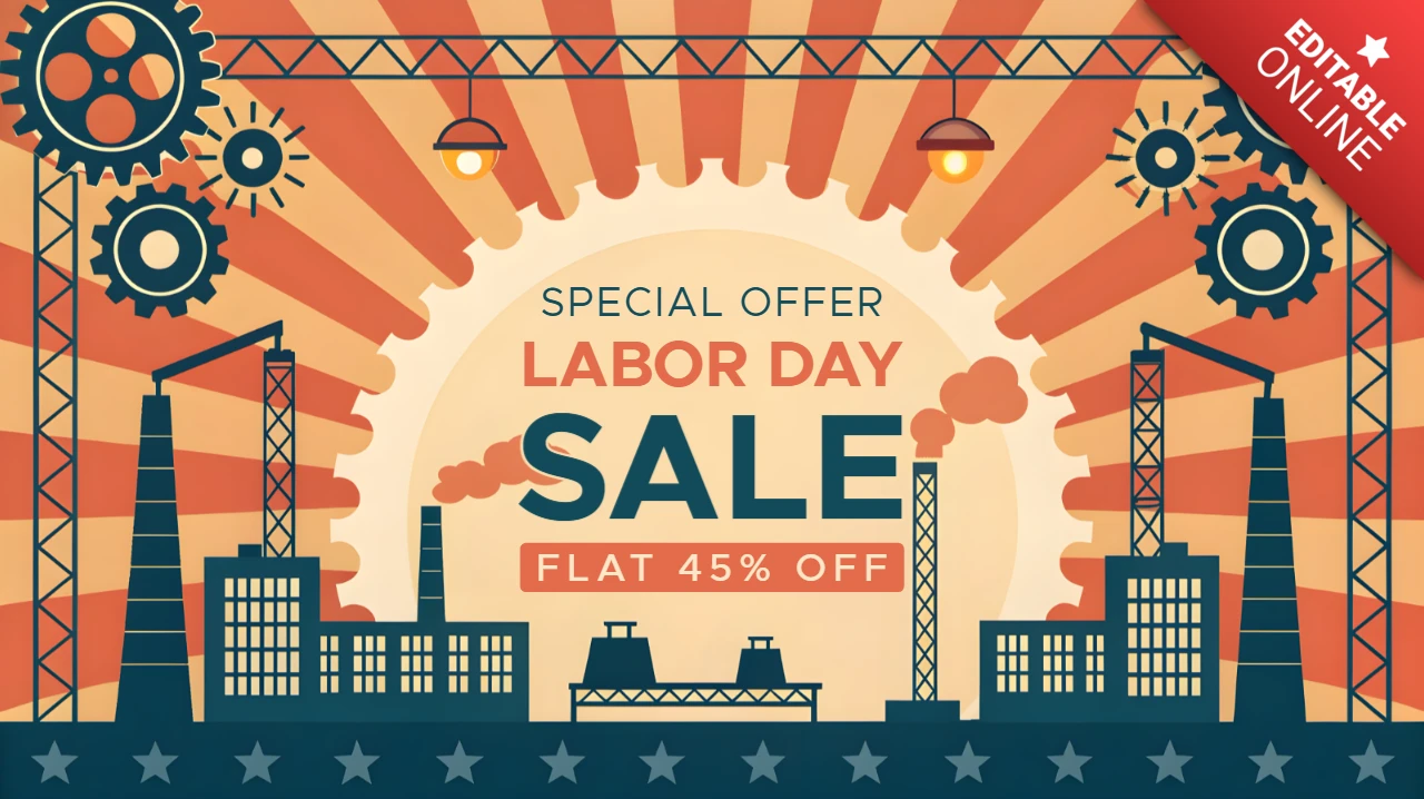 Retro industrial día del trabajo venta banner plantilla con diseño de fábrica