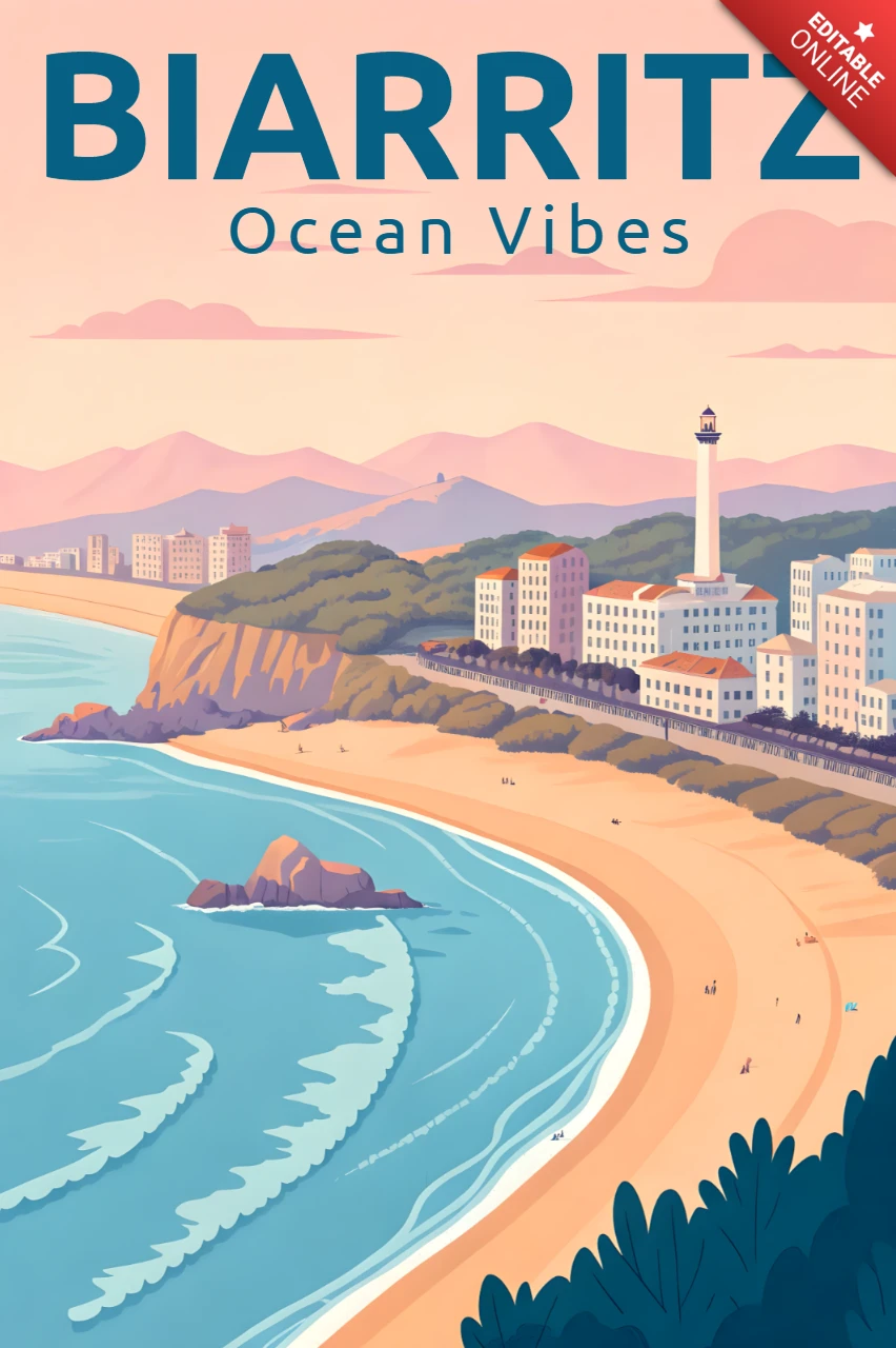 Küstenillustration Vorlage für Biarritz Ozean Vibes Plakatdesign