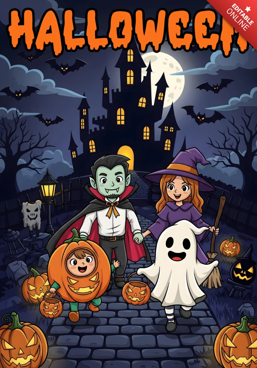 Scène de château hanté avec vampire, sorcière, fantôme et enfants citrouilles pour le design de flyers festifs de fête d'Halloween.