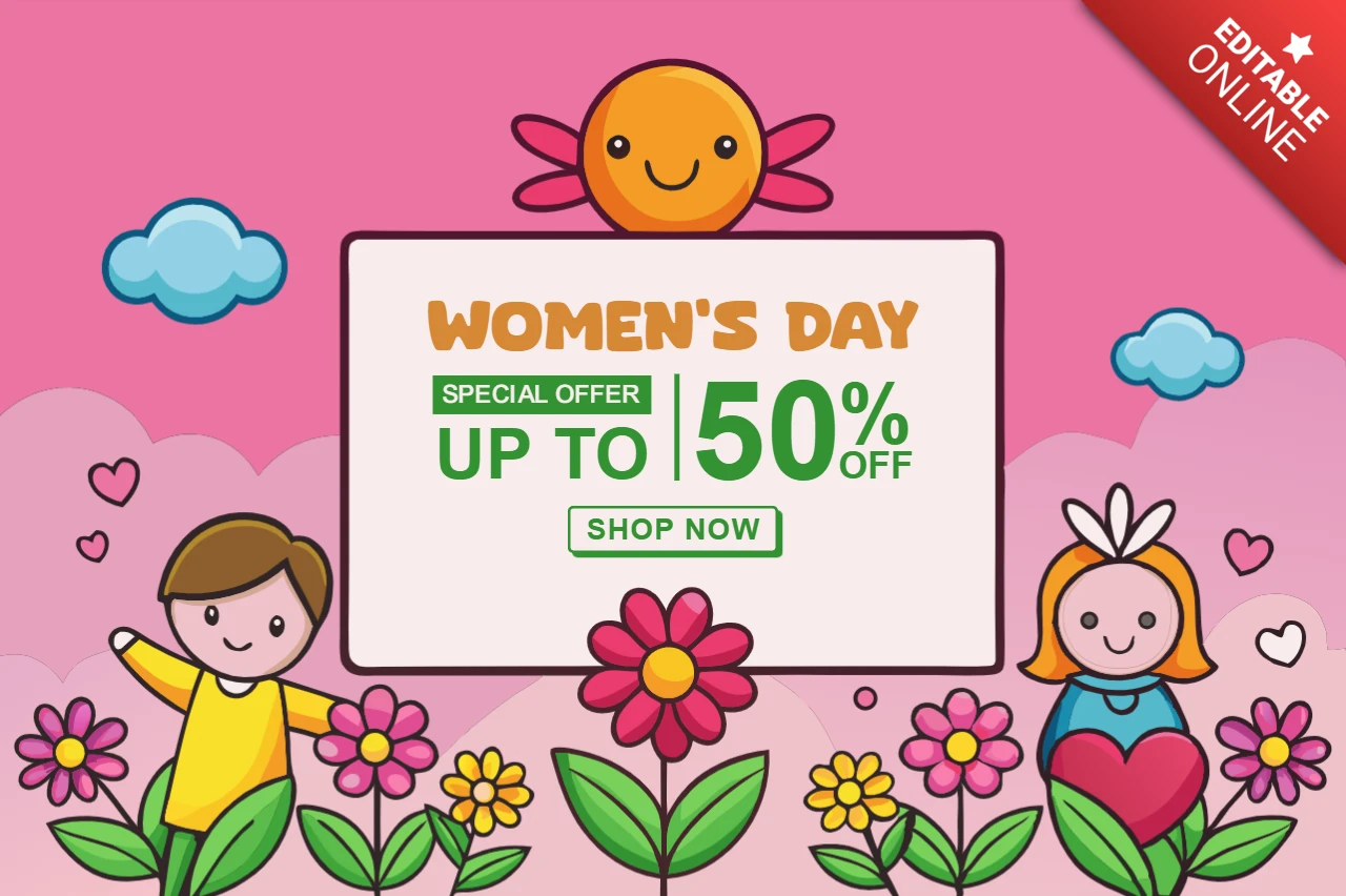 Colorful Women's Day Sale Template Design with Cute Characters and Floral Elements