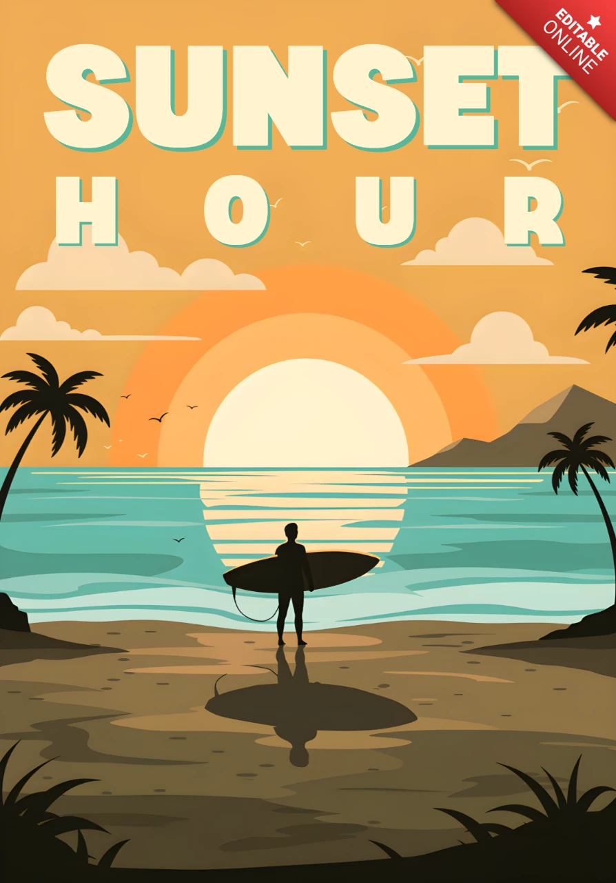 Modelo de design plano retro da hora do pôr do sol para roupas com tema de praia
