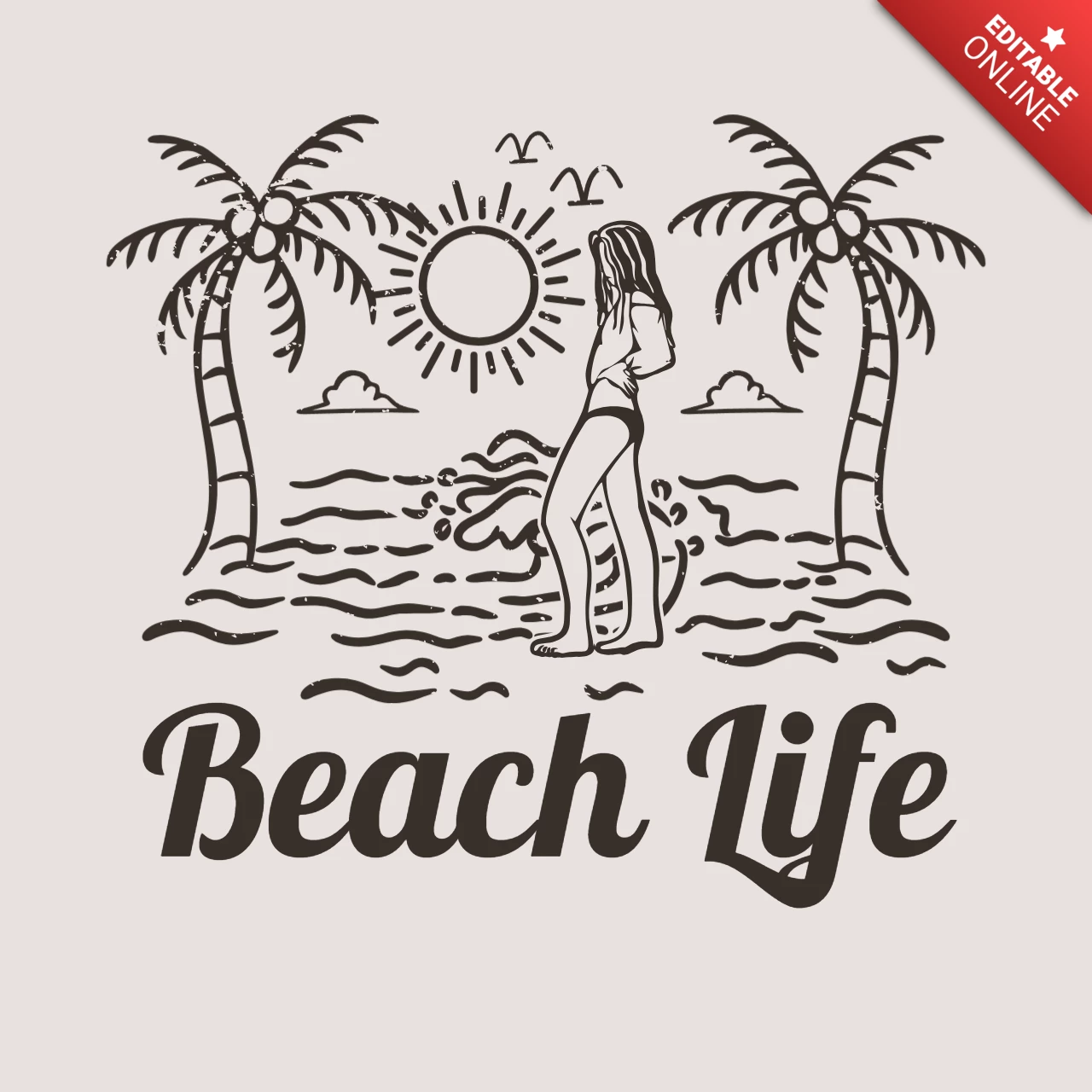 Vrouw op het strand vintage t-shirt ontwerpsjabloon