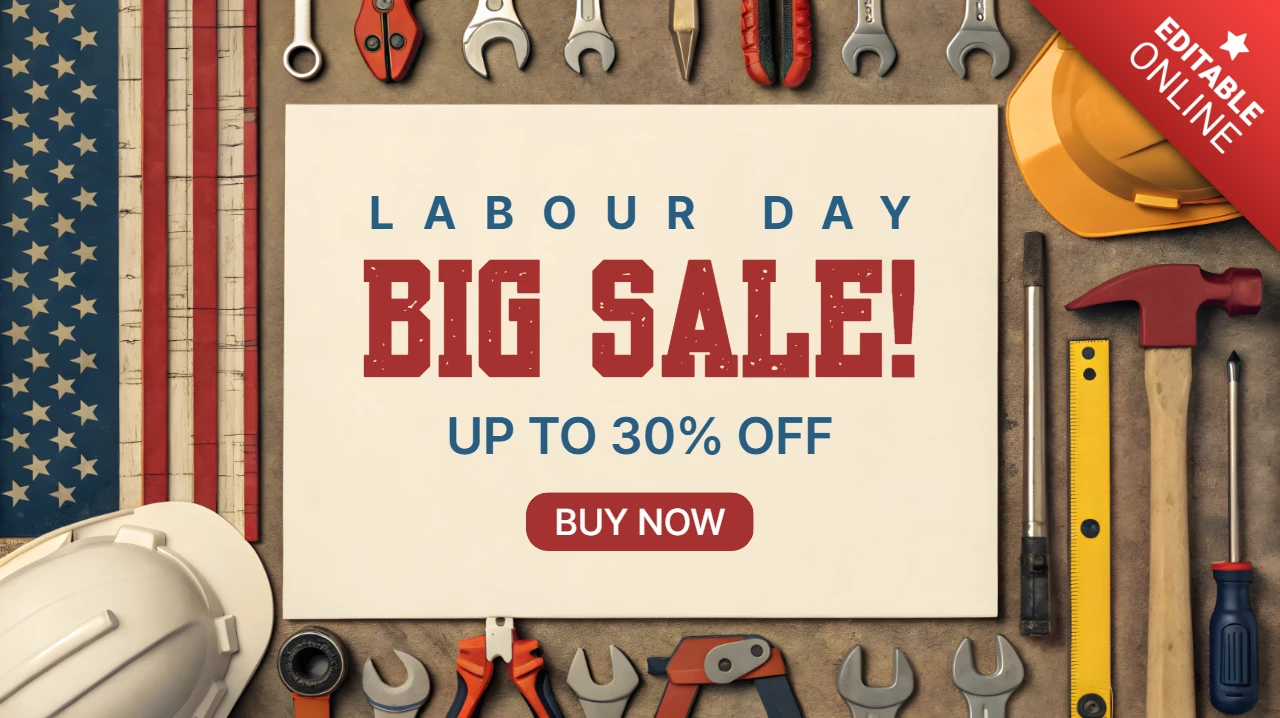 Labour Day Sale Design Template with Vintage Tools and American Flag Motif