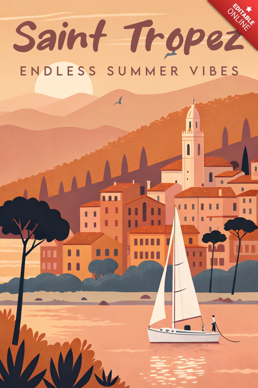 Summer Vibes Design with Sailboat in Orange Tones for Retro Flat Posters Template