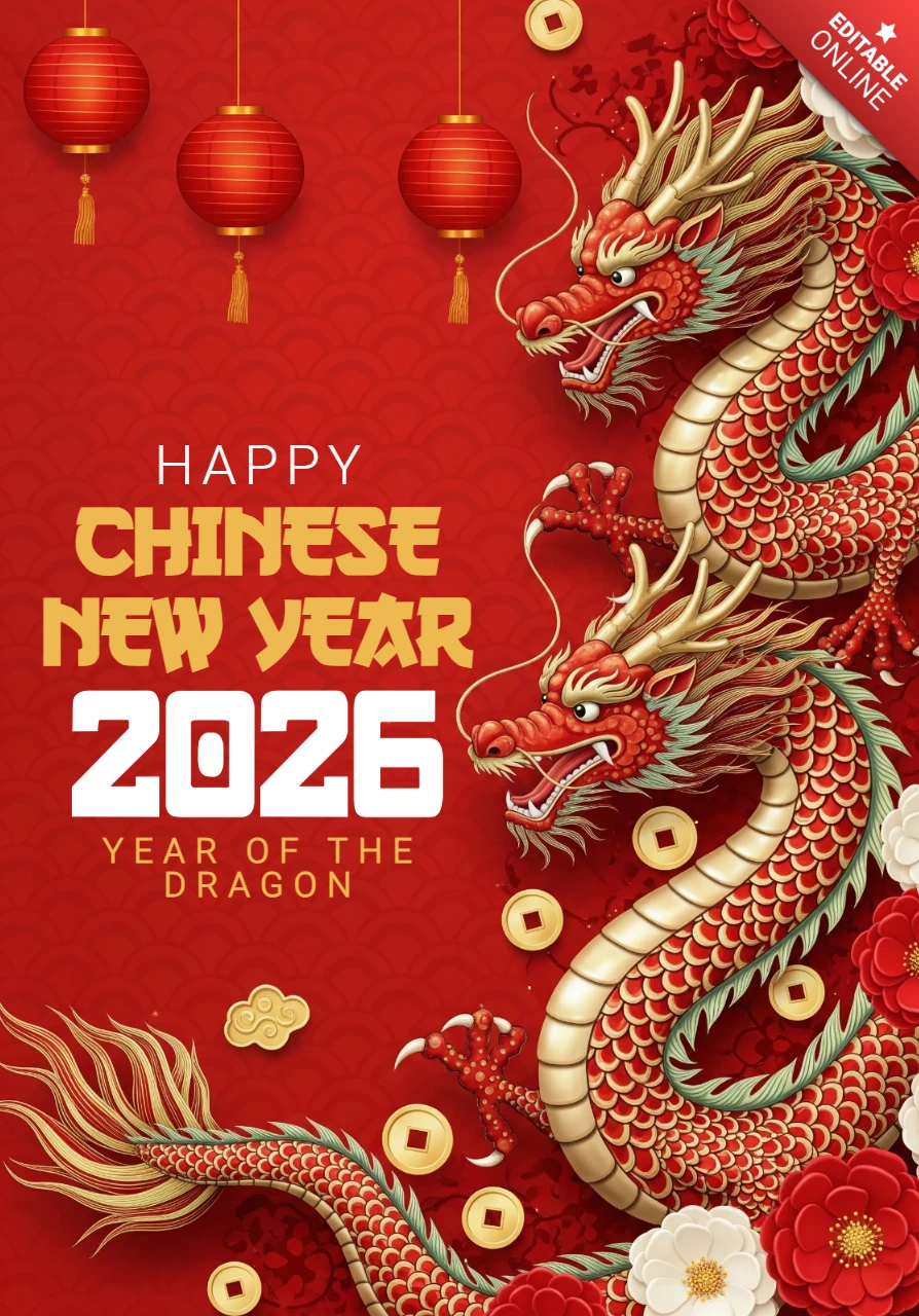Frohes chinesisches Neujahr 2026 Grußkarte mit rotem Hintergrund, Zwillingsdrachen, Laternen und Goldmünzen