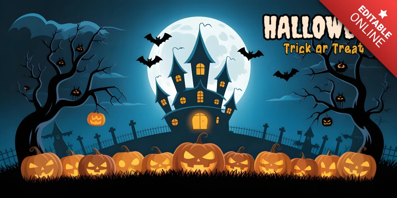 ハロウィンの墓地、幽霊屋敷、ジャック・オー・ランタンと月明かりの影のフェイスブックカバーデザインテンプレート